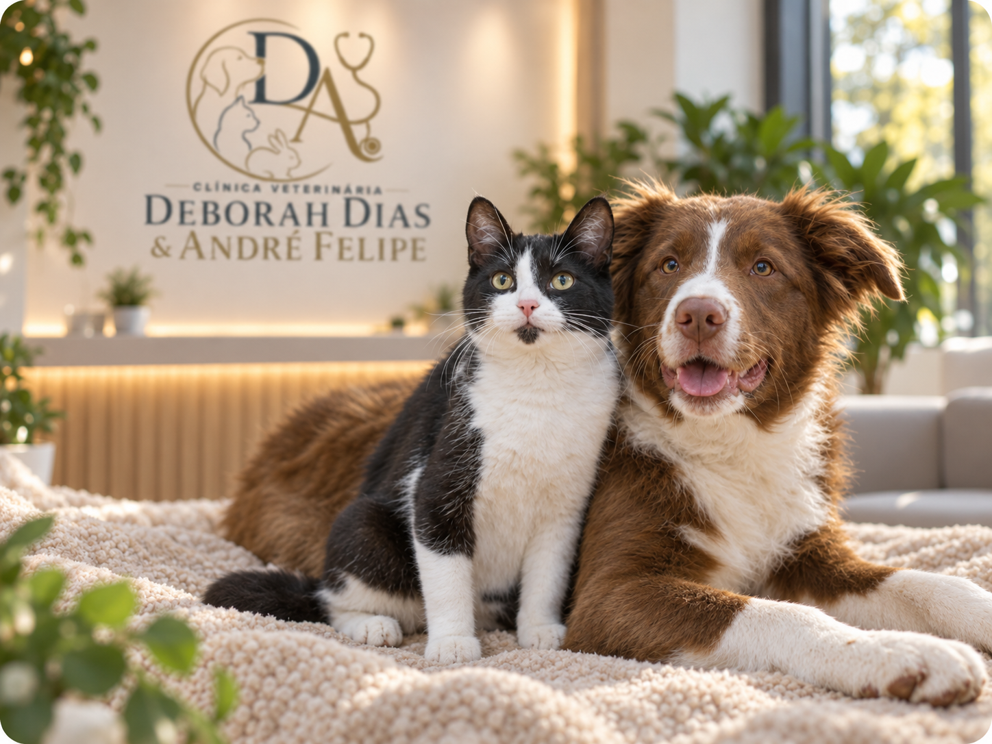 Golden retriever e gato deitados juntos, cuidados pela Clínica Deborah Dias & André Felipe